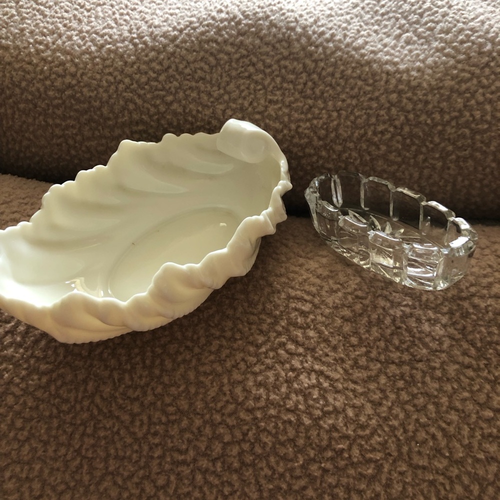Lenox Cream Porcelain Leaf-Shaped Trinket Dish & Clear Lead Crystal Trinket Dish
